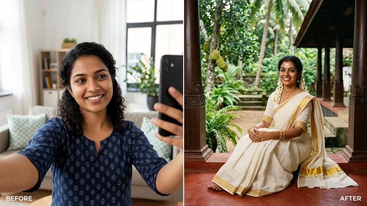 Before and after example: 1980s Kerala-era portrait