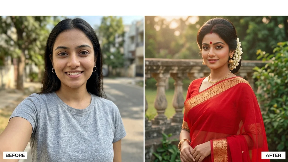 Before and after example: 80s retro saree look
