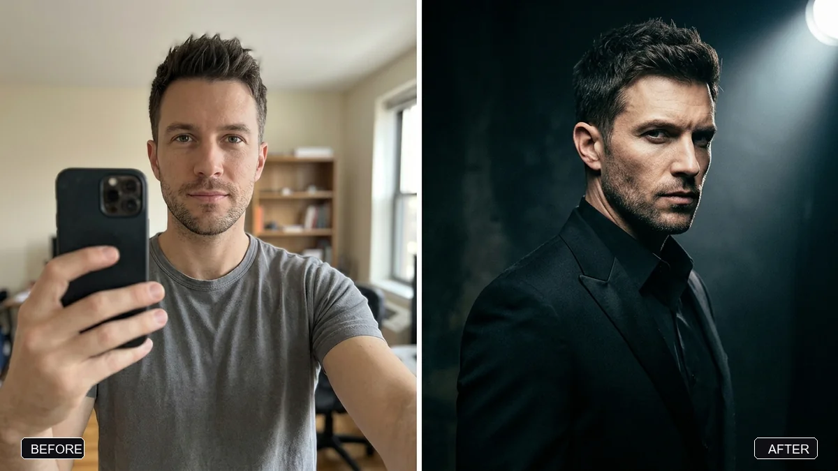 Before and after example: Cinematic luxury editorial portrait