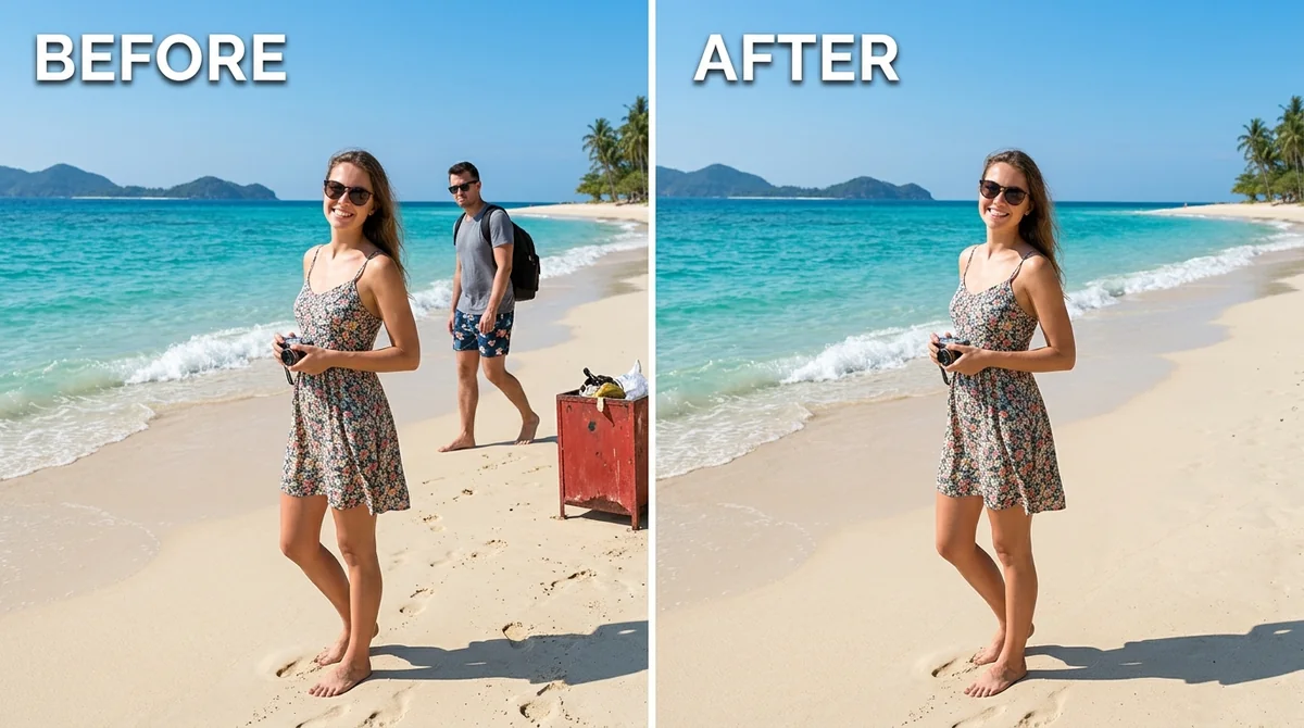 Before and after example: Remove unwanted object or photobomber