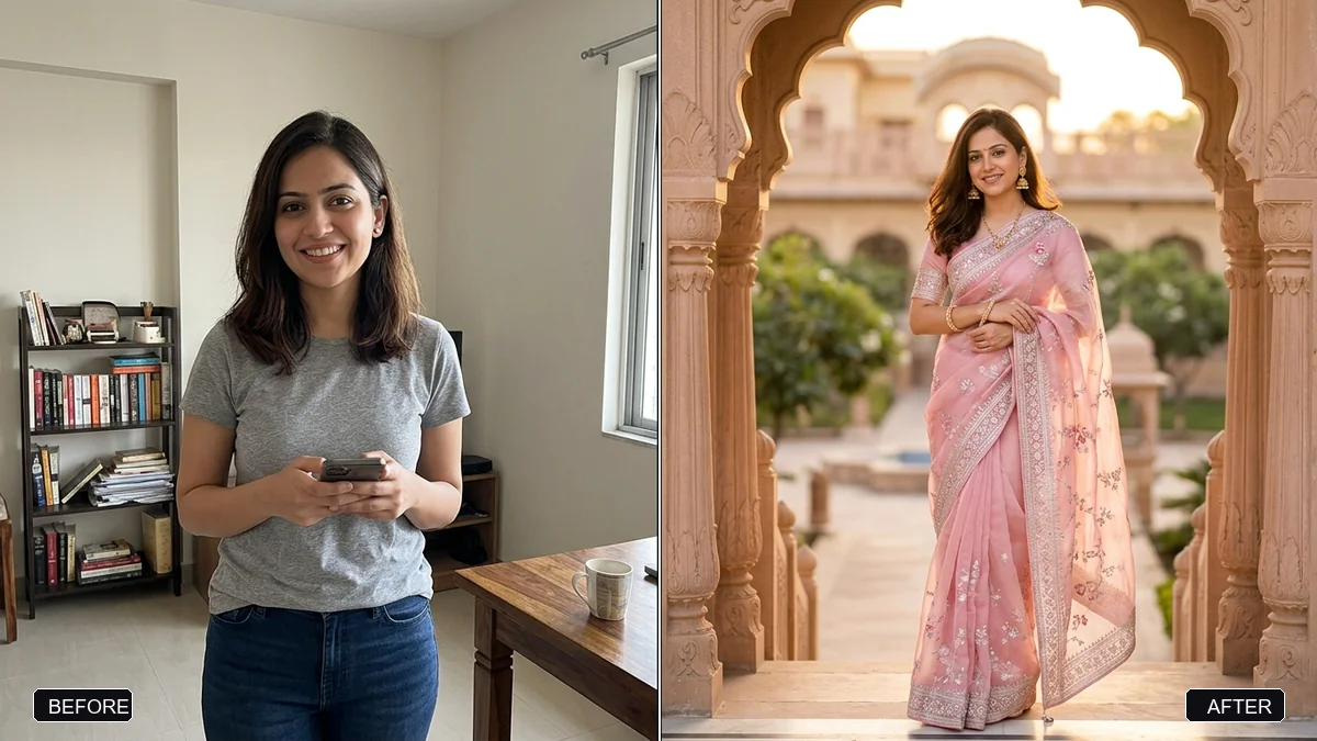 Before and after example: Realistic saree photoshoot