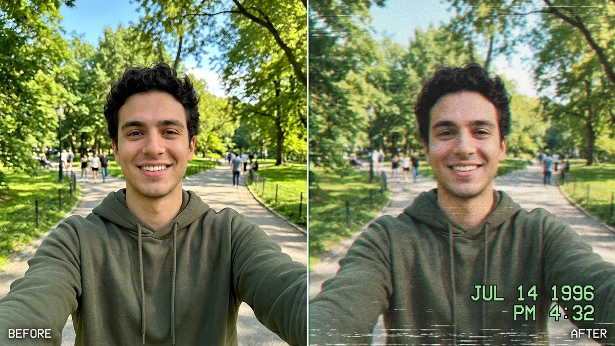 Before and after example: VHS camcorder still (90s home video)